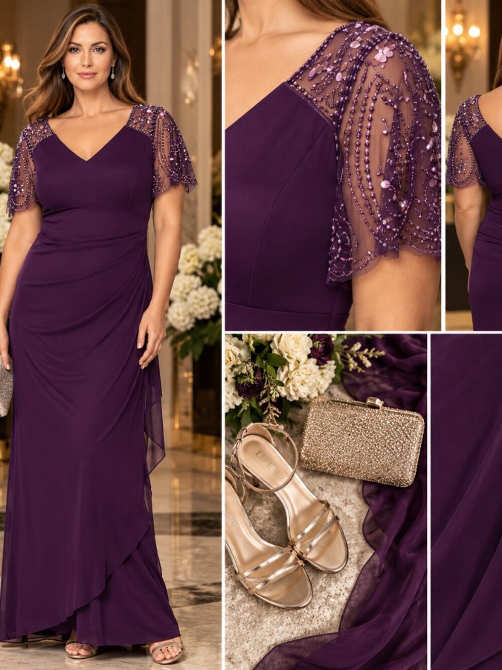 XSCAPE Plus Plum Beaded Sleeve Formal Evening Gown 16W NWT